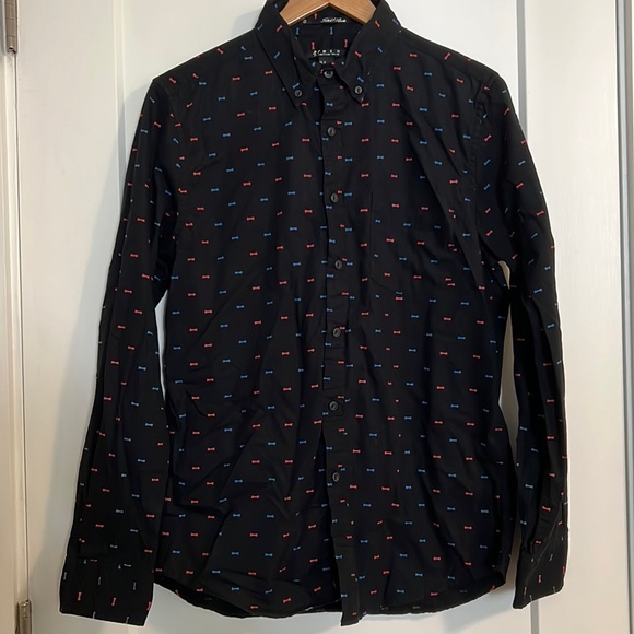 21men an American brand long sleeve collared button down bow tie black shirt - Picture 1 of 8